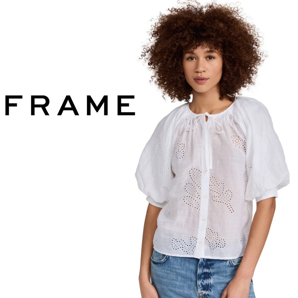 Frame White Eyelet Puff Sleeve Shirt, Designer brands Hot Sales!